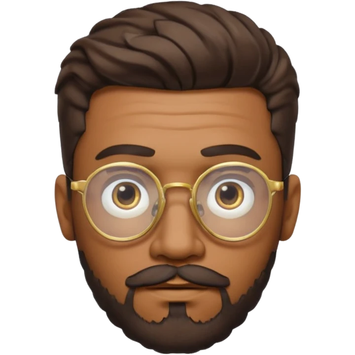 classic emoji style male face with medium-brown skin, short twisted hairstyle, trimmed beard and mustache, gold-rimmed glasses, neutral facial expression, capturing distinctive features from the reference image emoji