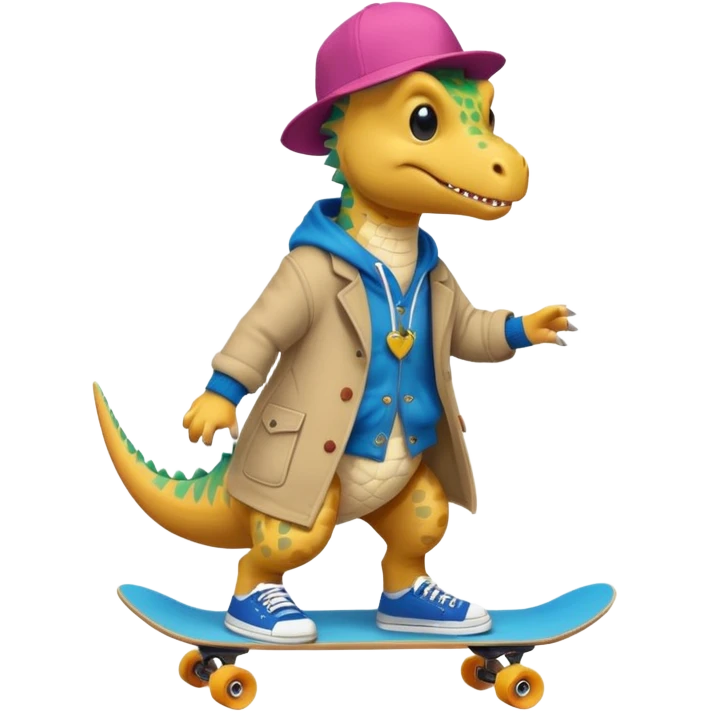 a dinosaur on a skateboard wearing a coat with sneakers in the bottom a cute pokie hairball on the top emoji