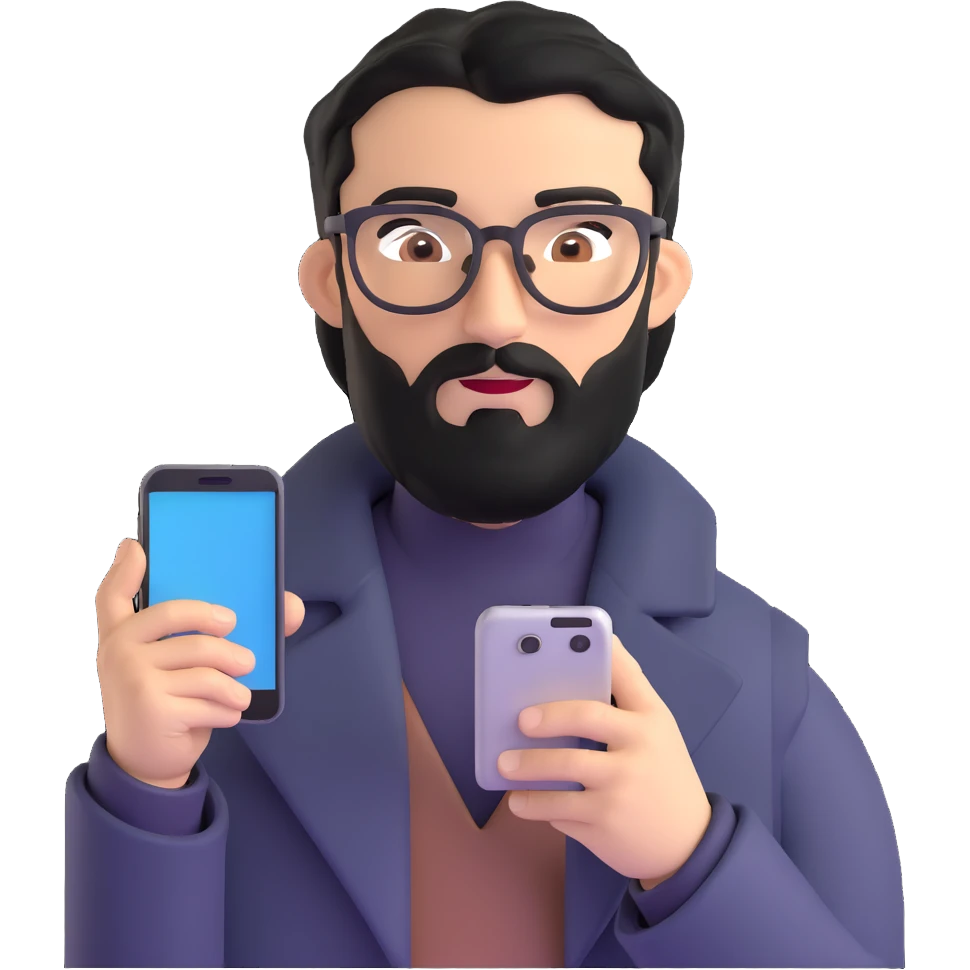 professional man with medium black beard, neat black hair, connected unibrow, olive tan skin, brown eyes, glasses, prominent nose, wearing a black coat, holding a smartphone emoji