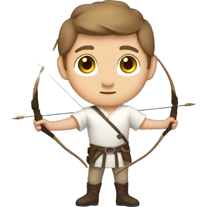 a male archer bending a bow, wearing a white shirt, very short brown hair, bright skin, only show upper part of the body from waist up emoji