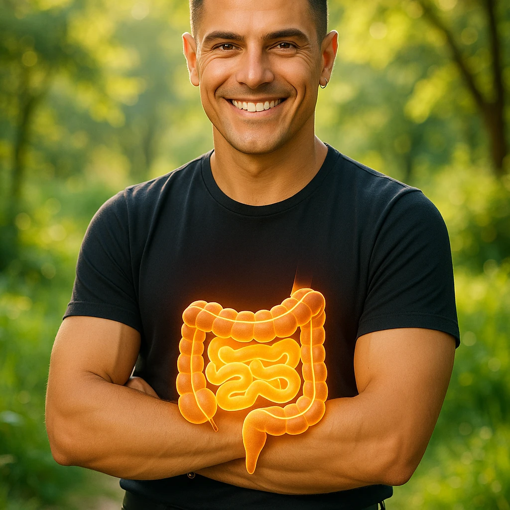 Create a semi-realistic, wellness-themed image of a fit 30-year-old man inspired by the reference image. Show a glowing stylized healthy intestine with a clean and well-shaped gut. The man is smiling confidently in a natural outdoor setting with soft natural light, conveying a positive and vibrant atmosphere. emoji