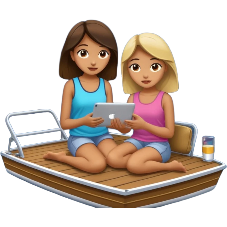 Girls sitting on a pontoon boat watching iPad at night emoji
