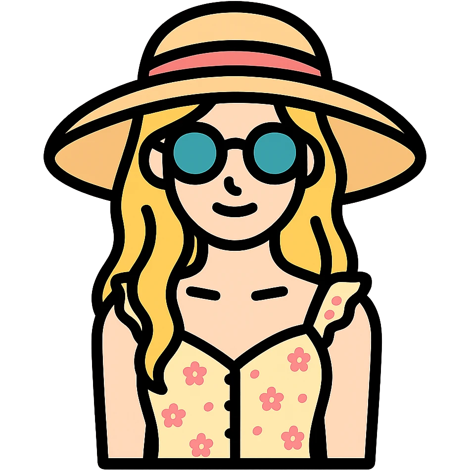 Add a summer hat and glasses to the heroine, maintaining a romantic look in a light dress. emoji