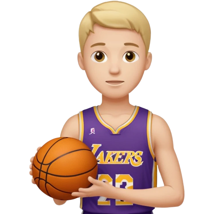 Joven con color de piel claro con uniforme de basquetball laker sosteniendo una pelota de basquet emoji