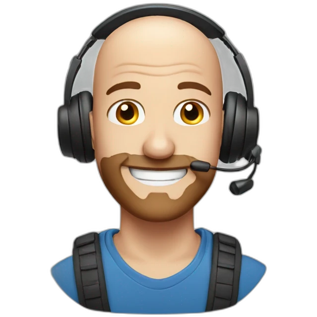 bald man smiling with reddish patchy beard blue eyes wearing a headset emoji