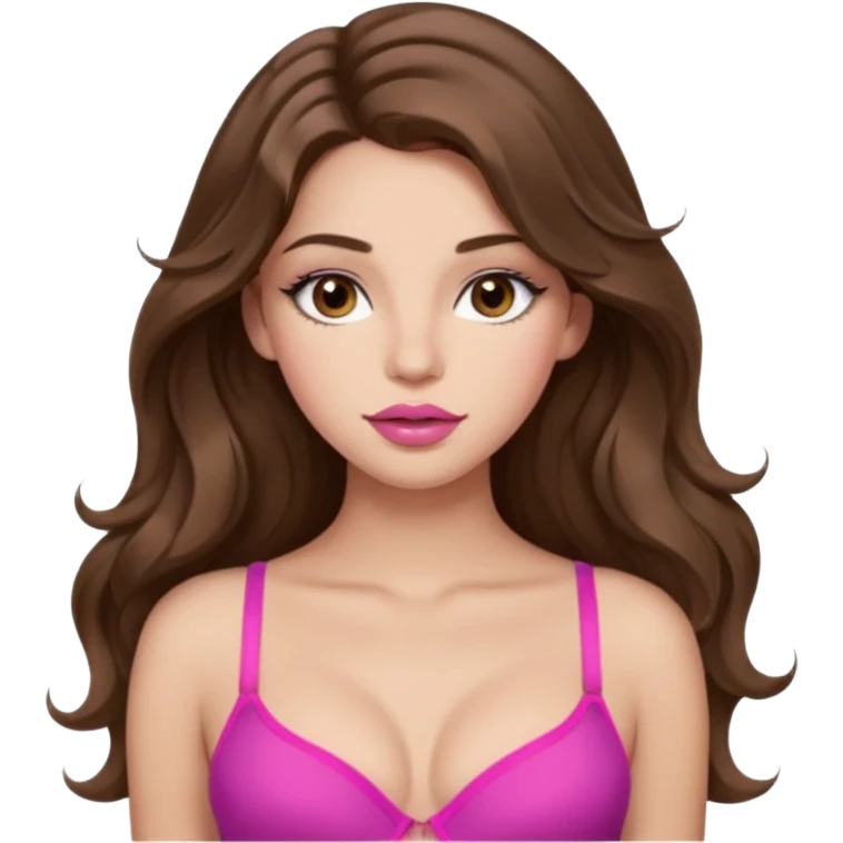 teenager, long brown hair wavy, hazel eyes, pink, beautiful, stunning, little clothing, bra, calm, big lips, long lashes emoji