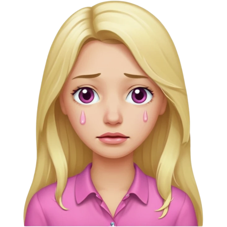 Me with long blond hair in a pink blouse with tears in my eyes emoji