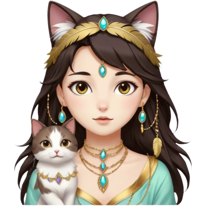 Beautiful gorgeous anime cat-lady with beautiful dark-brown-special-hair, fashion aesthetic, ethereal, feather, accessories, gold jewelries, gold, colorful,  emoji