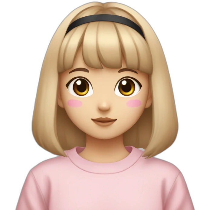 young korean girl with straight bangs and beige face mask and black headband and pink crewneck sweatshirt holding eevee emoji
