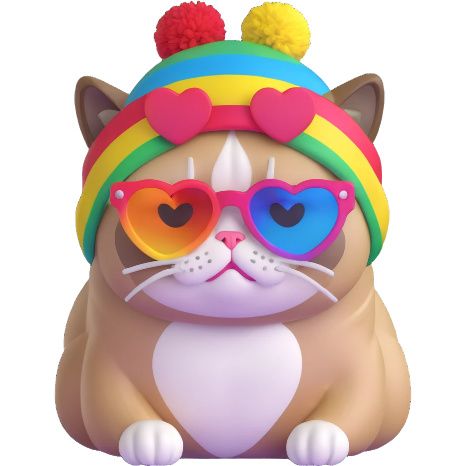 grumpy cat wearing a rainbow beanie and heart-shaped sunglasses emoji