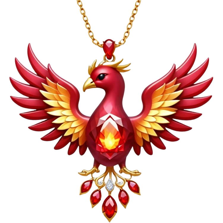 ruby pendant pulsing with fiery light, tiny phoenix emerging inside, haloed by shimmering white stones emoji