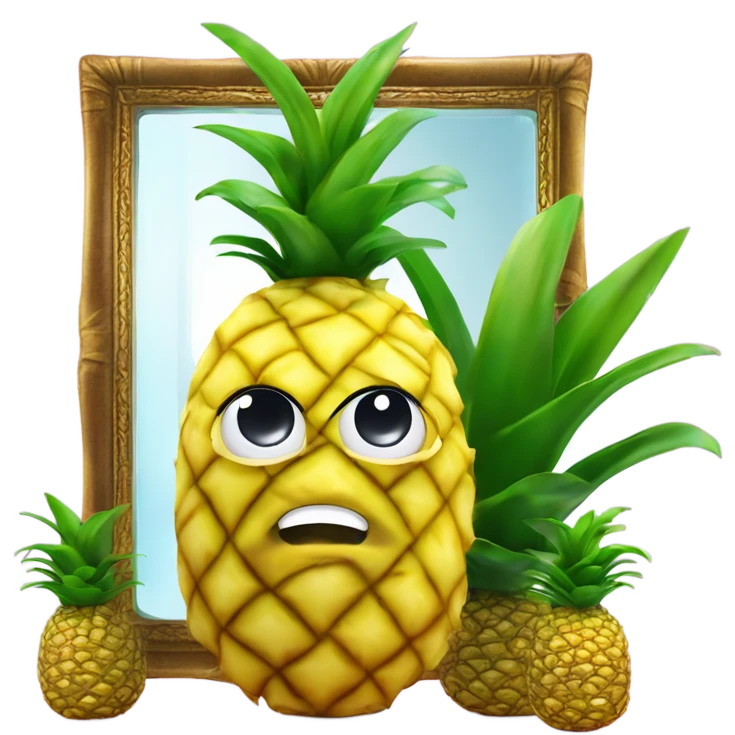 3D elegant pineapple🍍  with big shiny eyes 👀 pineapple holds mirror with its reflection 🪞🍍 emoji