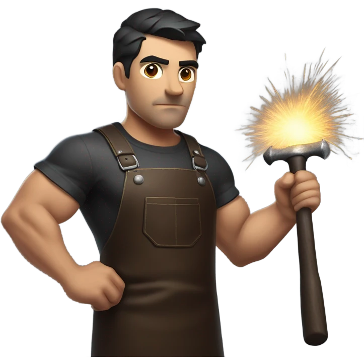 "A muscular man with soot on his face, short dark hair, and a determined expression. He wears a leather apron, holds a hammer, and stands near an anvil with glowing sparks." emoji