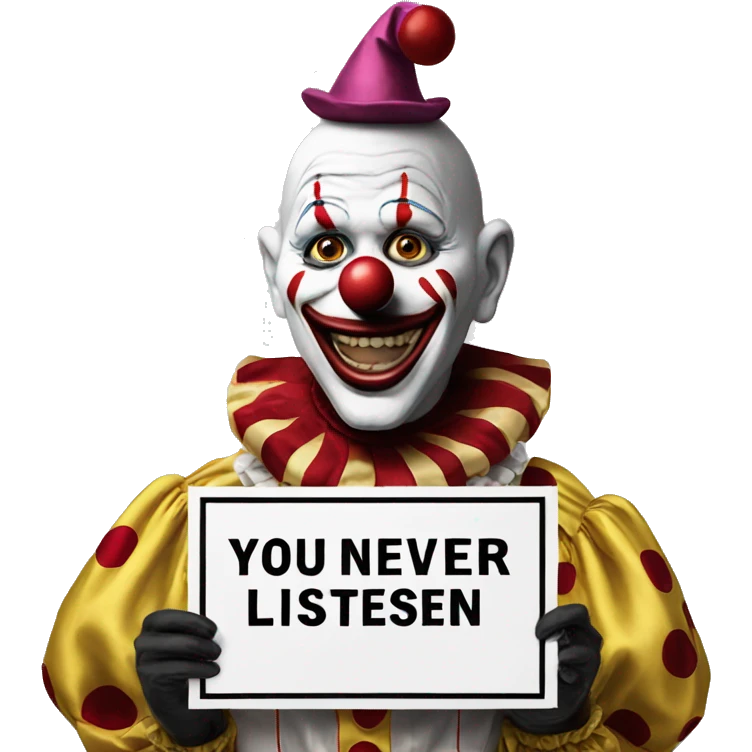 Clown holding a sign stating, "you never listen" emoji