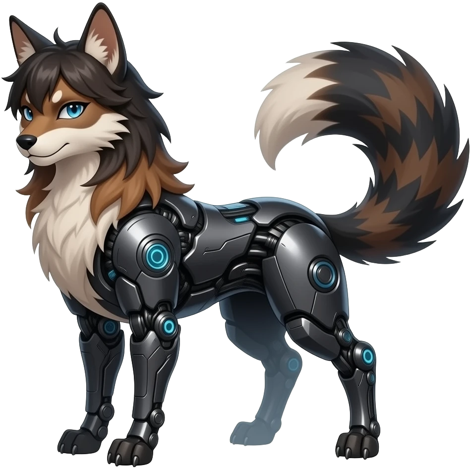 badass elegant wild beautiful natural badass futuristic epic exotic anthro modern furry cyborg-sergal-vernid-creature, full body, dark-brown-black-gradient pretty hair, with a long tufted tail, aesthetic, art by LiLaiRa, art by art by Falvie emoji