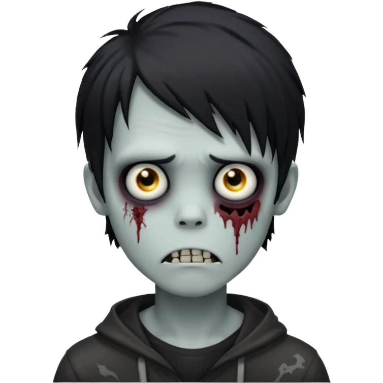 spooky zombie boy, black medium-long hair, emo and shaggy, creepy expression emoji