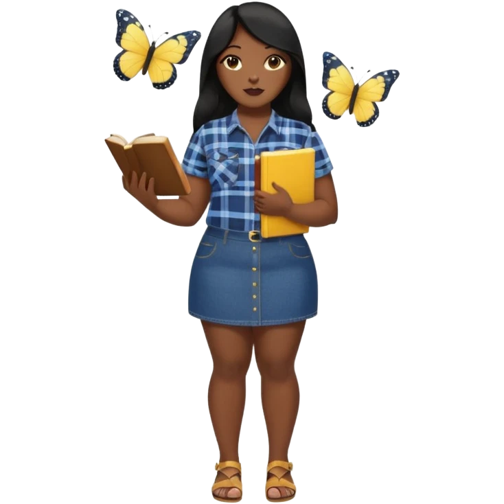 A plus-size Black woman is wearing makeup. She has long, straight black hair and is wearing a short-sleeved flannel shirt with a yellow butterfly print, a denim miniskirt, and sandals. She is standing and holding a book in one hand while extending her forearm upward with the other. emoji