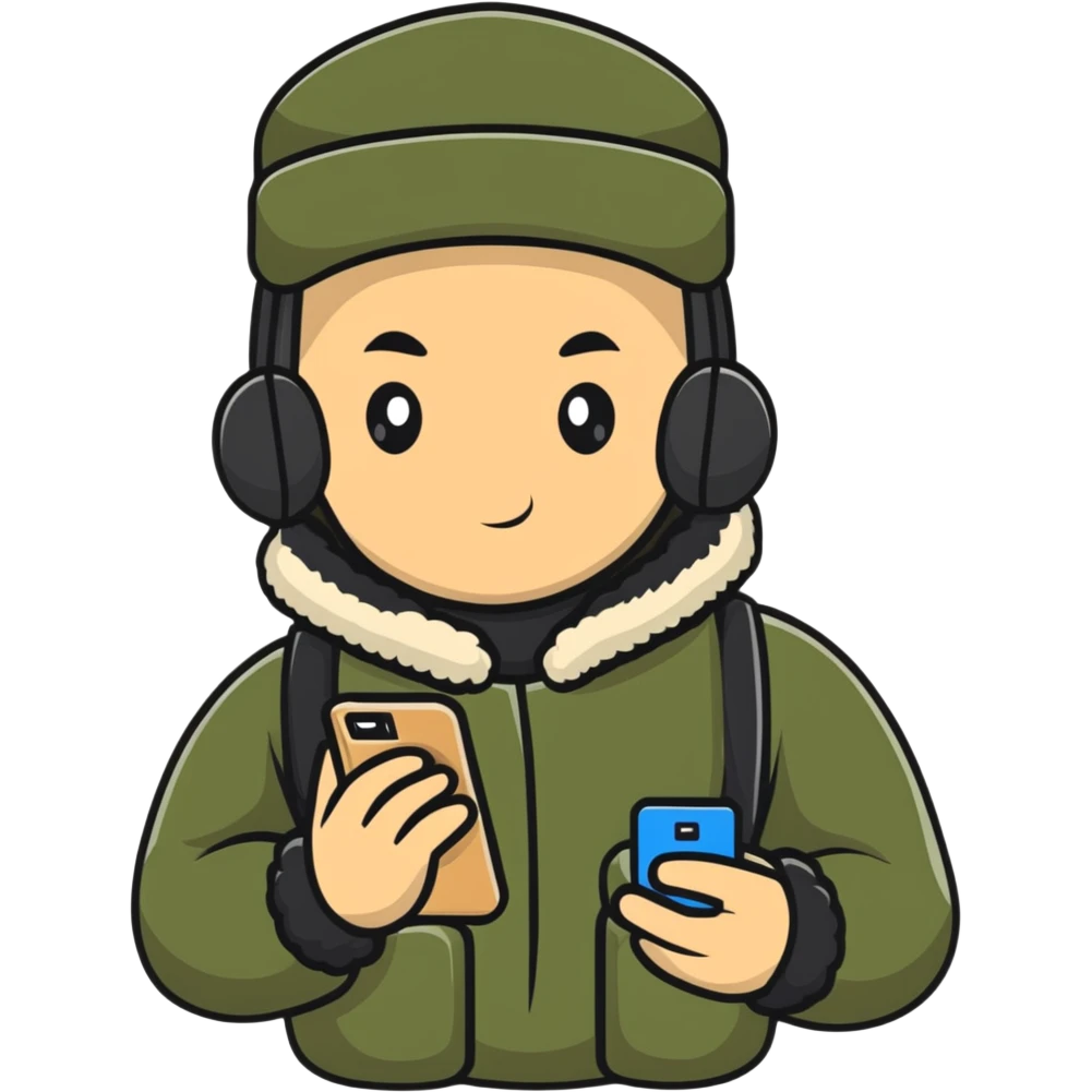 Russian military blogger wearing an ushanka hat and a vatnik, holding a smartphone emoji