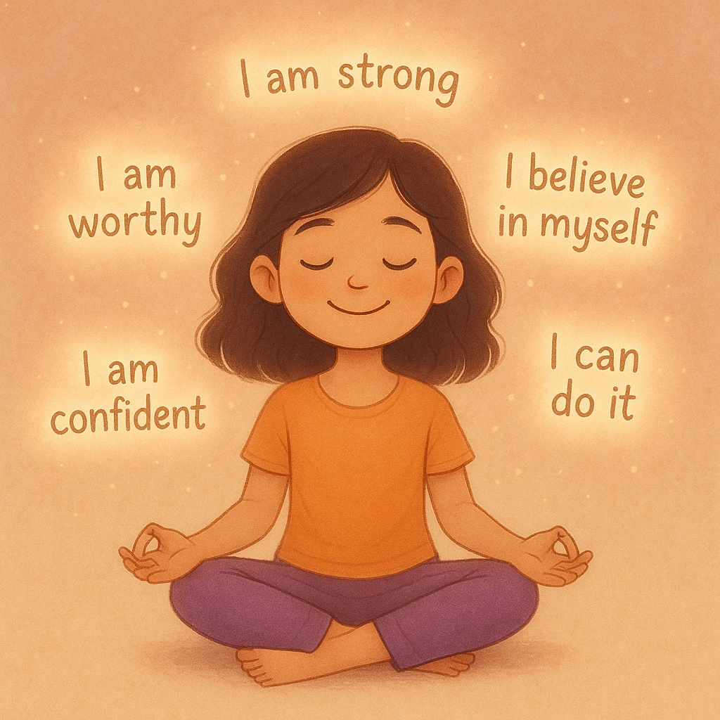 a girl sitting cross-legged, eyes closed, hands on knees, meditating with a peaceful smile, surrounded by soft glowing affirmations, representing affirmation meditation for her goals, gentle and uplifting atmosphere emoji