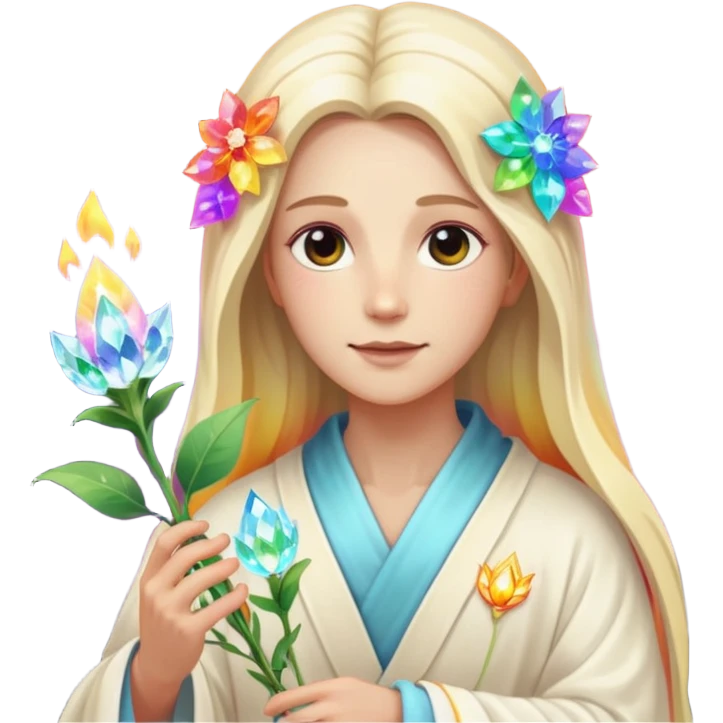 a being made of light pleidian nordic long faces but beautiful features of light with a robe on made of light and who is lanky holding a bouquet of crystal flowers on rainbow fire emoji