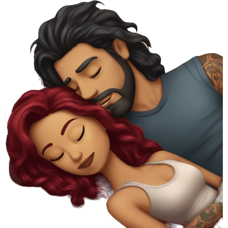 Beautiful tattooed burgundy long haired woman laying on the boyfriends chest emoji