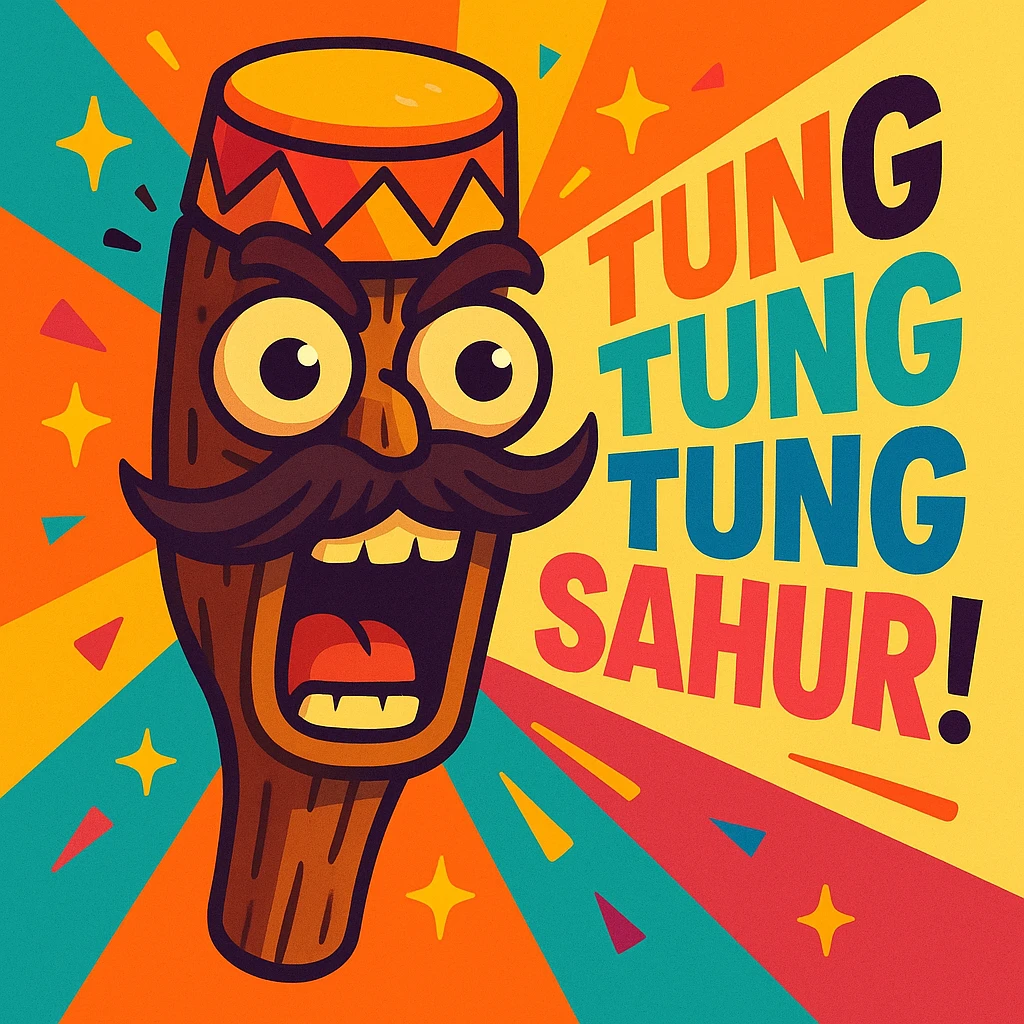 chaotic wooden club emoji with bug eyes, carved face, wild mustache, drum hat, sparkles, yelling 'TUNG TUNG TUNG SAHUR!', colorful dynamic style emoji