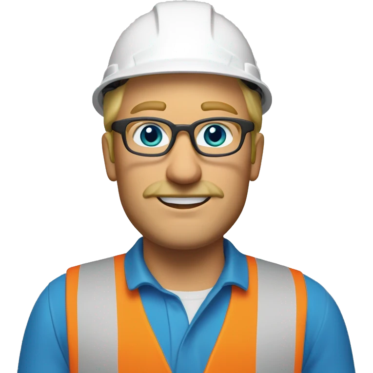 blonde man, no beard but with mustache, blue/green eyes, glasses, wearing white hard hat that says ”gmc” in orange letters, orange safety vest, blue shirt emoji