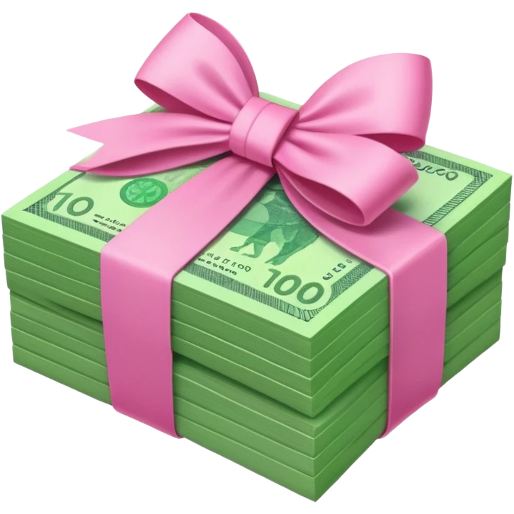 Bright Green Australian $100 notes stacked together and wrapped in a girly pink bow emoji