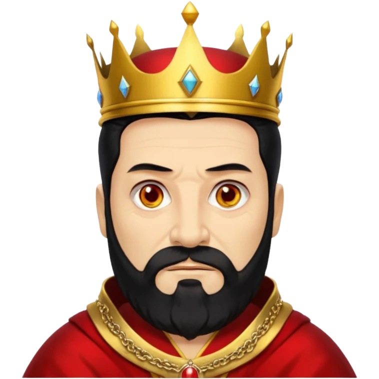


an old king with yellow skin, red eyes, 60 years old, black hair, black beard, wearing a crown, red robe, fierce face, baron/lord vibe
 emoji