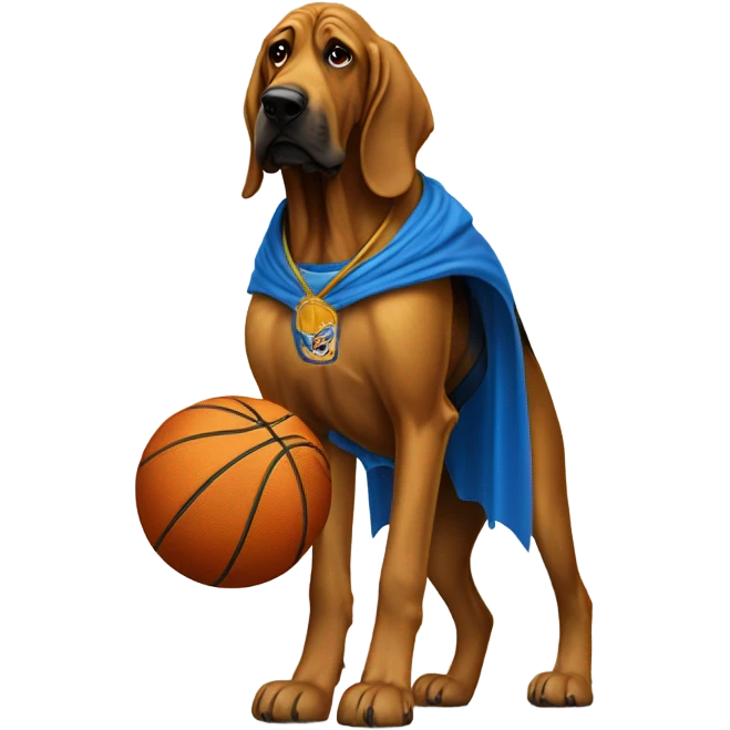 A bloodhound with a blue and Gold cape dunking a basketball! emoji