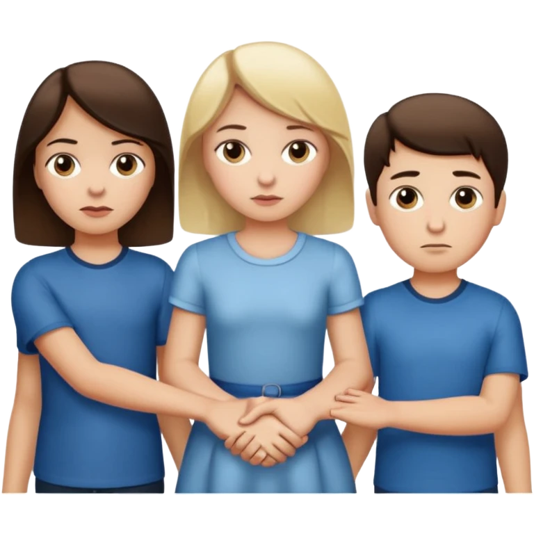 Apple iOS emoji style.
A girl holding hands with two boys at the same time,one boy si brunette the other blonde, one on each side.
The girl has a suspicious, guilty expression, slightly turned eyes.
The boys look neutral and unaware.
 smooth gradients, rounded shape emoji