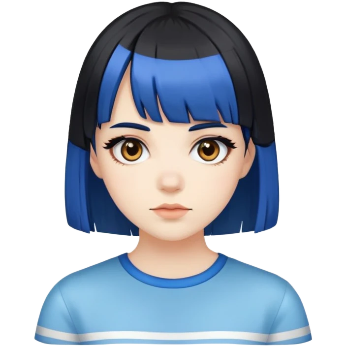 Pale girl with brown eyes, black hair, with two strips of blue hair and bangs emoji