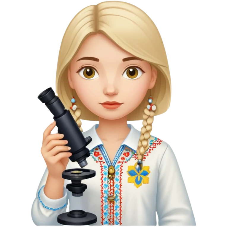 Ukrainian girl in traditional embroidered vyshyvanka shirt holding a microscope emoji