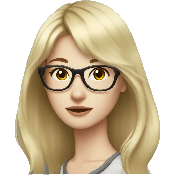 young woman, pale skin, long length dark brown wolfcut hair, glasses, blonde bangs emoji