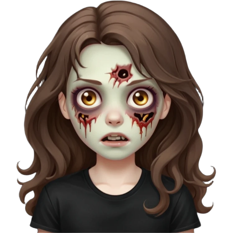 crie um emoji de uma garota zoombie cabelo castanho e longo , assustadora e fofa com cabelo ondulado 2b e camiseta básica preta emoji