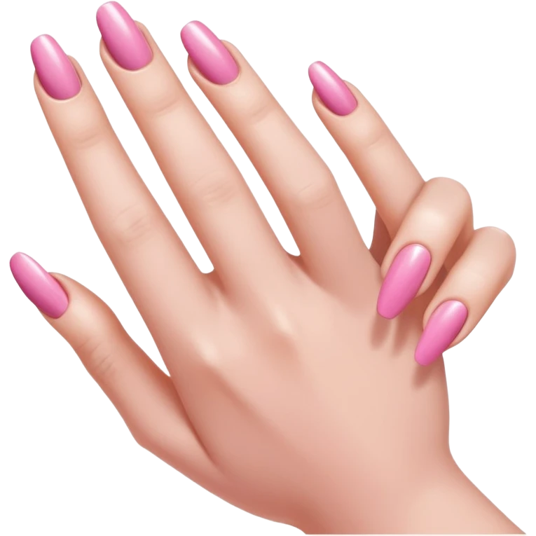  pink close-up of a hand with beautifully manicured nails, glossy pink nail polish, elegant nail shape, soft lighting and shadows, realistic style, emoji