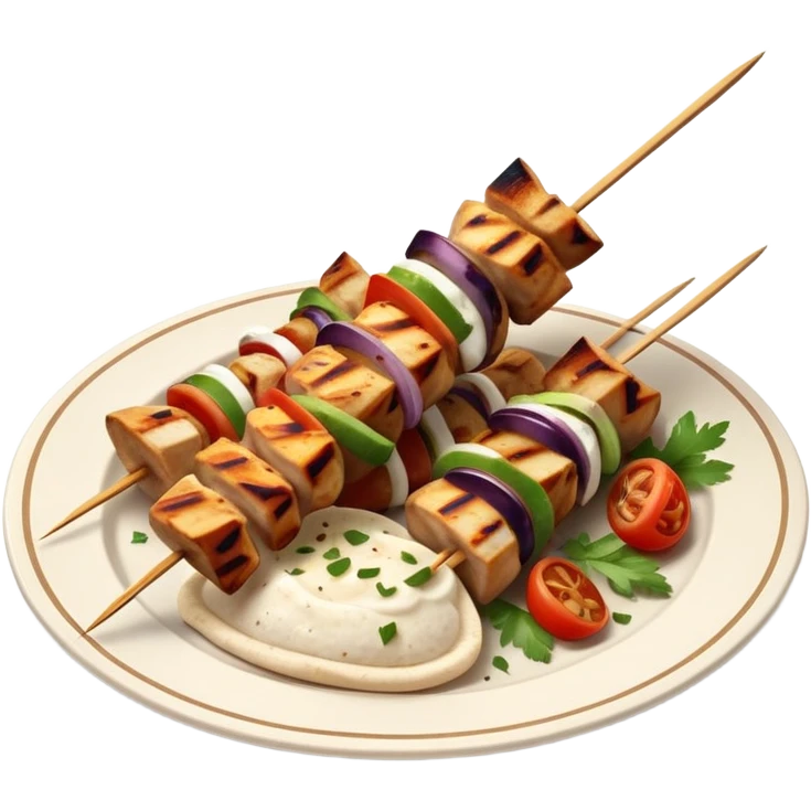 cinematic-realistic-souvlaki-dish-emoji,-showcasing-skewered,-2 grilled-chicken-with-mediterranean-spices-rendered-with-dynamic-textures-and-warm,-appetizing-lighting on pita bread on a plate emoji