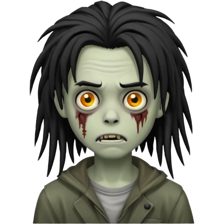 boy zombie with black medium-long dreads, emo, shaggy hair, dark and spooky, creepy expression, iOS emoji style emoji