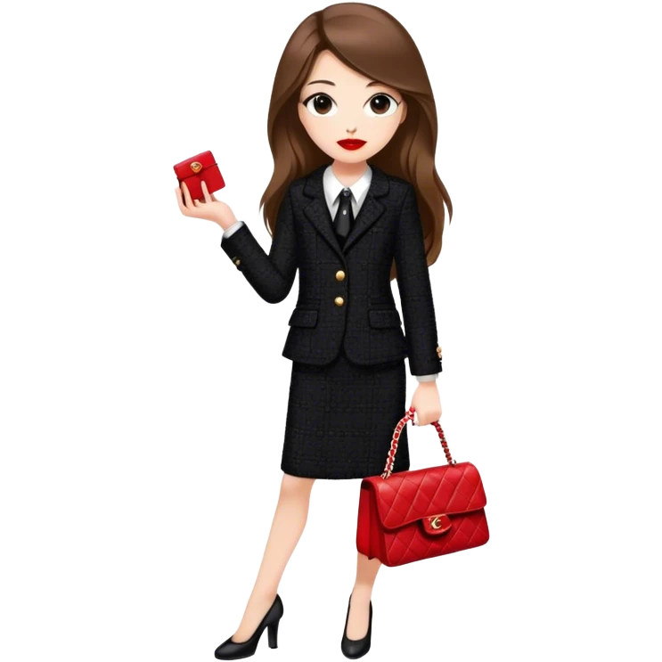 White girl with brown long hair dressed up in black chanel tweed suit with a red chanel bag and red lipstick emoji
