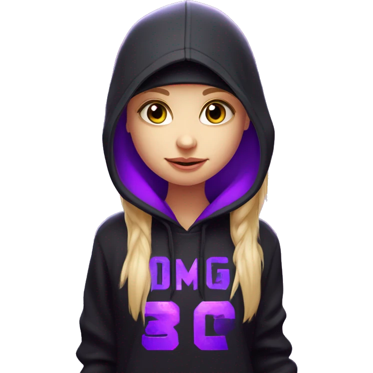 Russian cute blond student girl wearing black hoody with violet letters "OMG", in vr headset. No eyes. Cyberpunk style. Violet neon. emoji