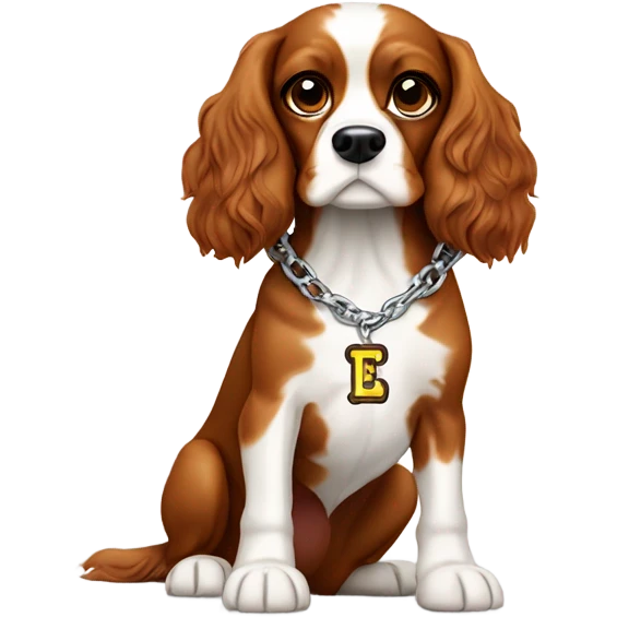 a cavalier spaniel dog wearing a chain that says “pleej” emoji