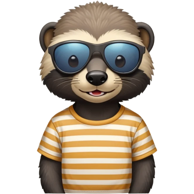 friendly anthropomorphised honey badger, close crop showing head, neck, and top of t-shirt with a striped design, wearing sunglasses emoji