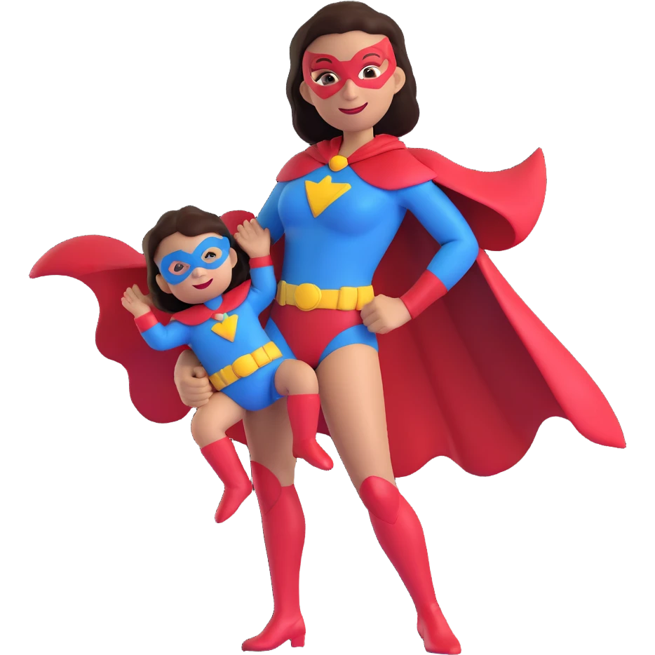 super mom, holding a child, superhero costume, cheerful emoji