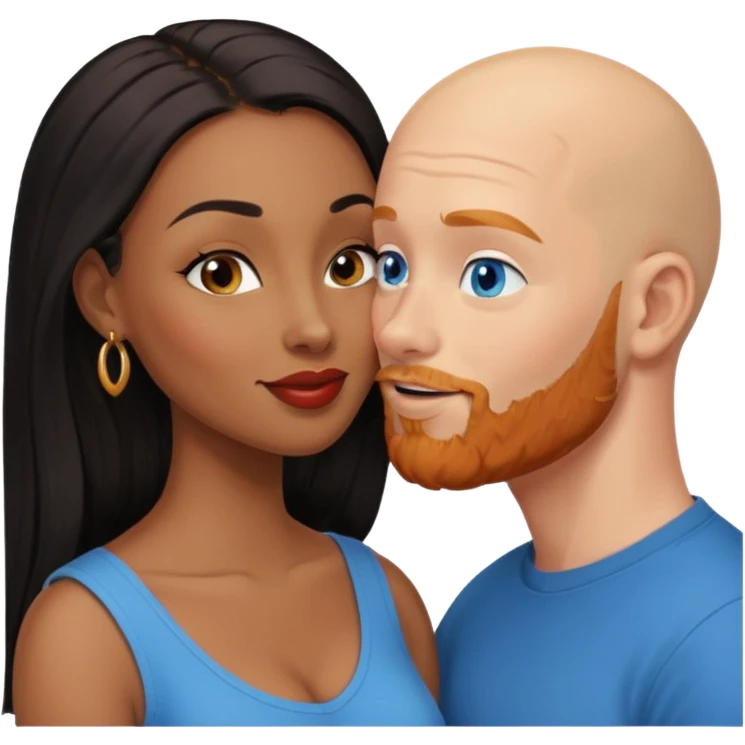 Bald white male with ginger beard and blue eyes kissing African American brown woman with long black hair emoji