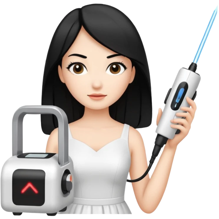Hada con máquina de depilación láser con vestido blanco y pelo negro  emoji