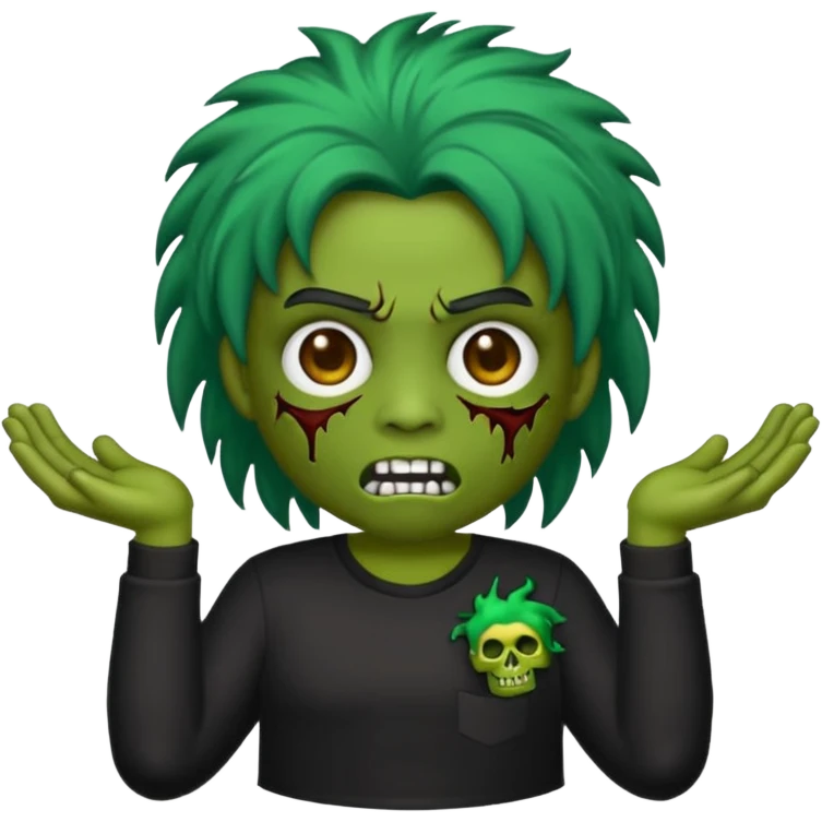 Faça um emoji de um garoto zumbi de cabelos pretos curtos com mechas loiras e com uma camisa preta de mangas compridas. emoji