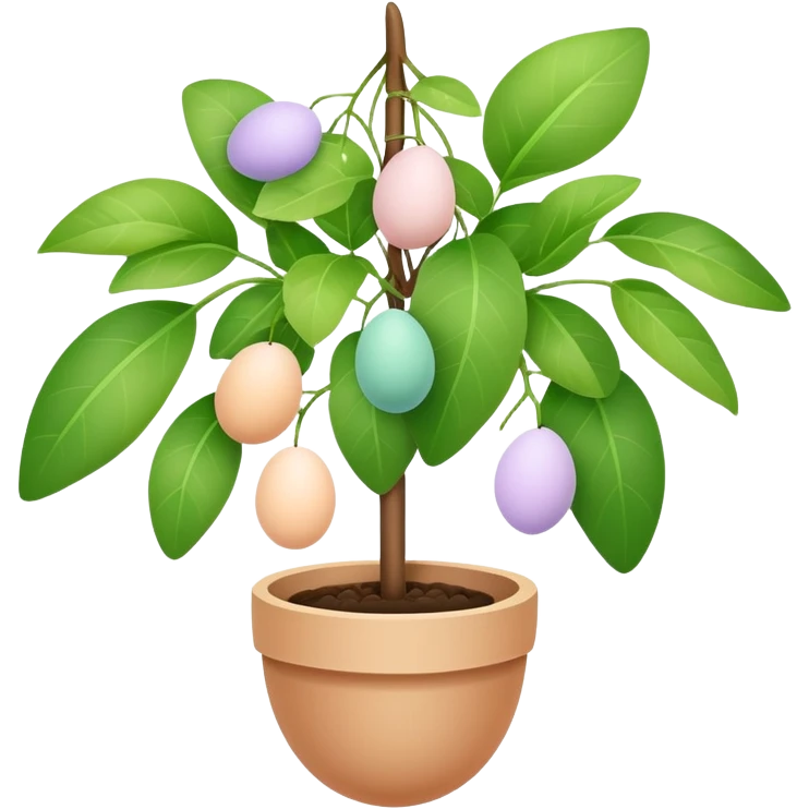 A potted plant with pastel colored eggs hanging from it emoji