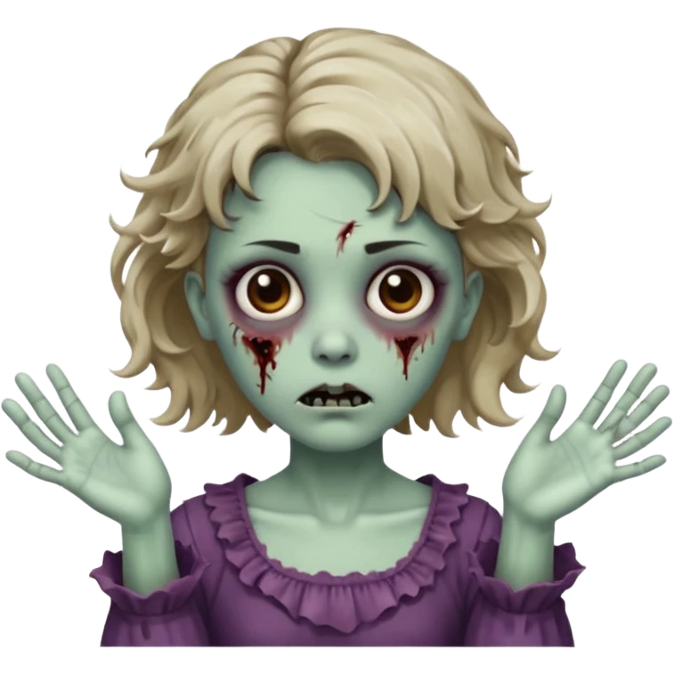 Cabelo ondulado  um pouco cheio e franja curta  Olhos marrons e pequenos e feita d ezumbi mais bonita com cabelo amarro na e com as mãos assim tipo assim🧟‍♀️ emoji