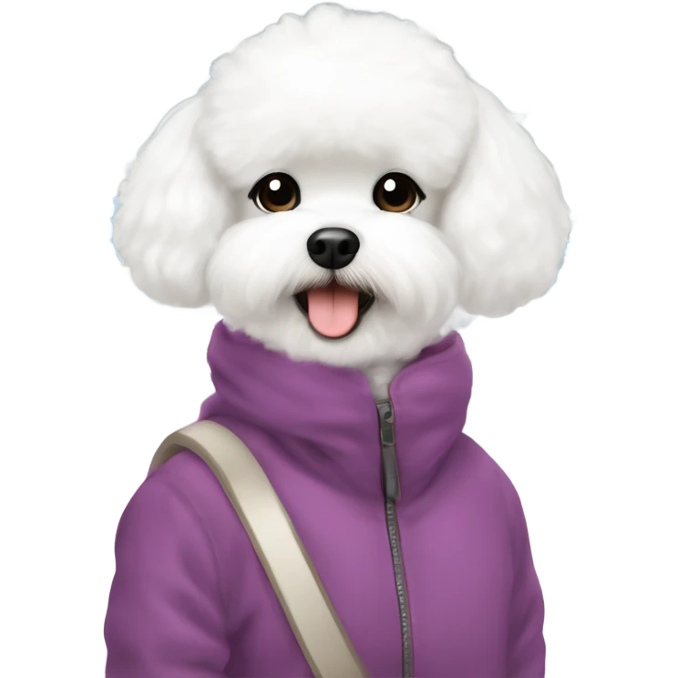 A cute and happy bichon frise with hair in a bun Asian woman at the airport  emoji