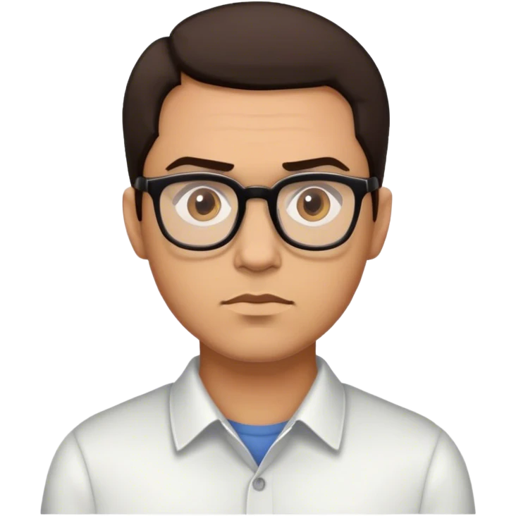 Un hombre de en lentes, con cabello castaño oscuro y ojos castaño oscuro, de piel clara, rostro serio emoji